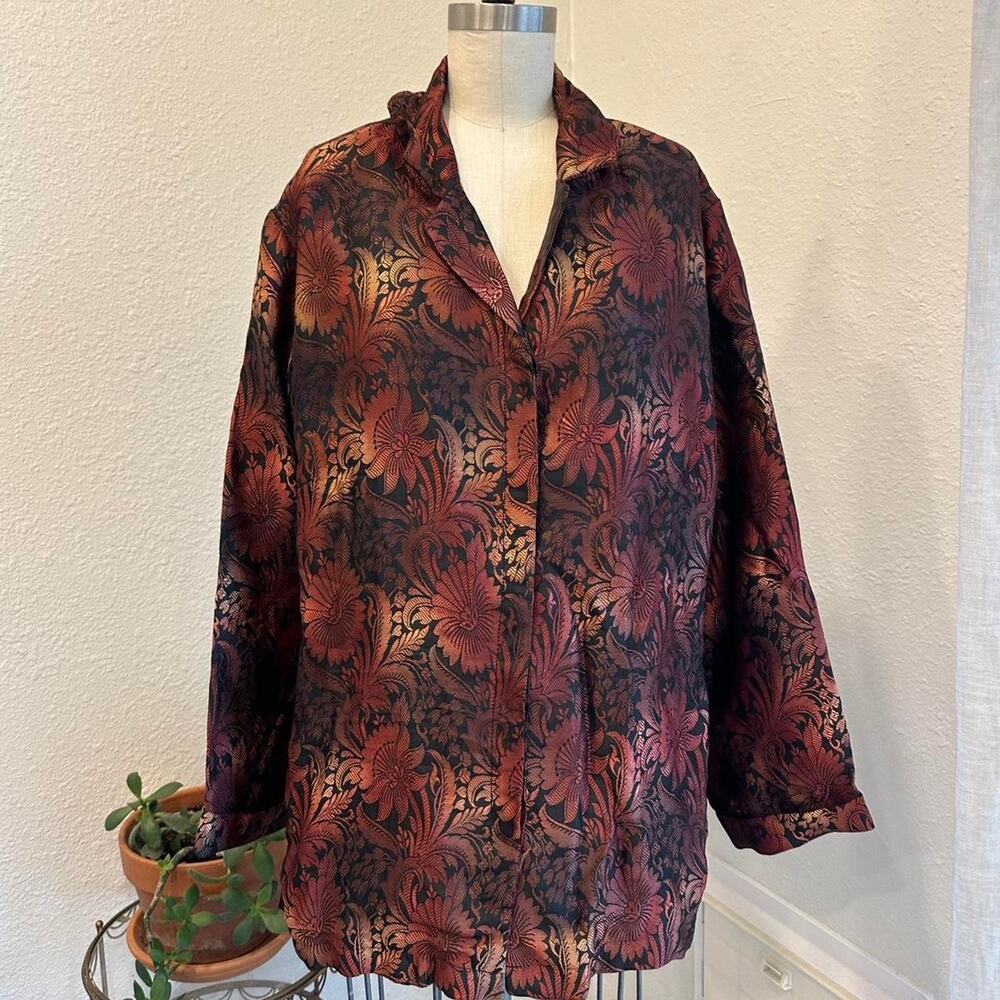 Chico’s Women’s XL Floral Jacquard Blouse Bronze Black Satin Button Down Jacket